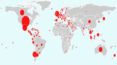 Répartition des cas de grippe A H1N1 à travers le monde au 6 juillet 2009 (selon l’OMS)